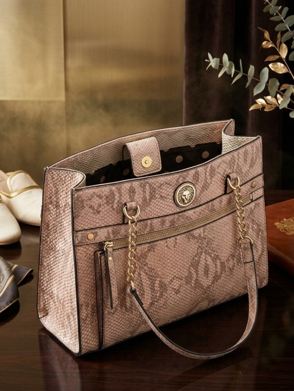 Classic Taupe Snake-Print Tote Handbag